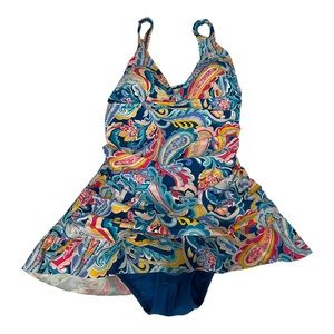 Sweet Escape Women’s One Piece Swimsuit Blue and Pink Skirted
